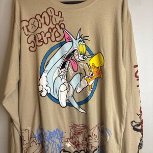 Tom & Jerry Men Beige Graphic Long Sleeve Shirt XL Cotton Blend